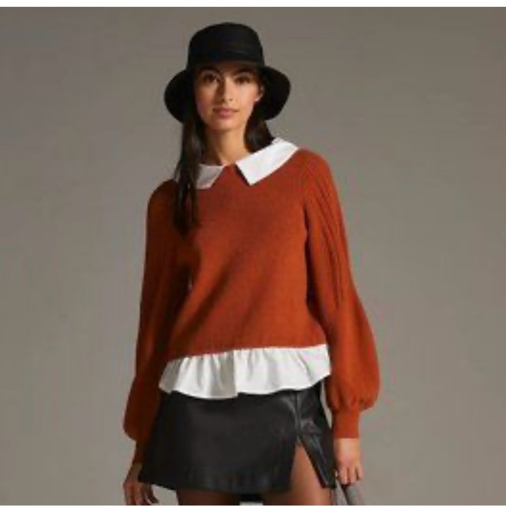 Brand new Maeve sweater twofer! Brown sweater with white cotton blouse attached